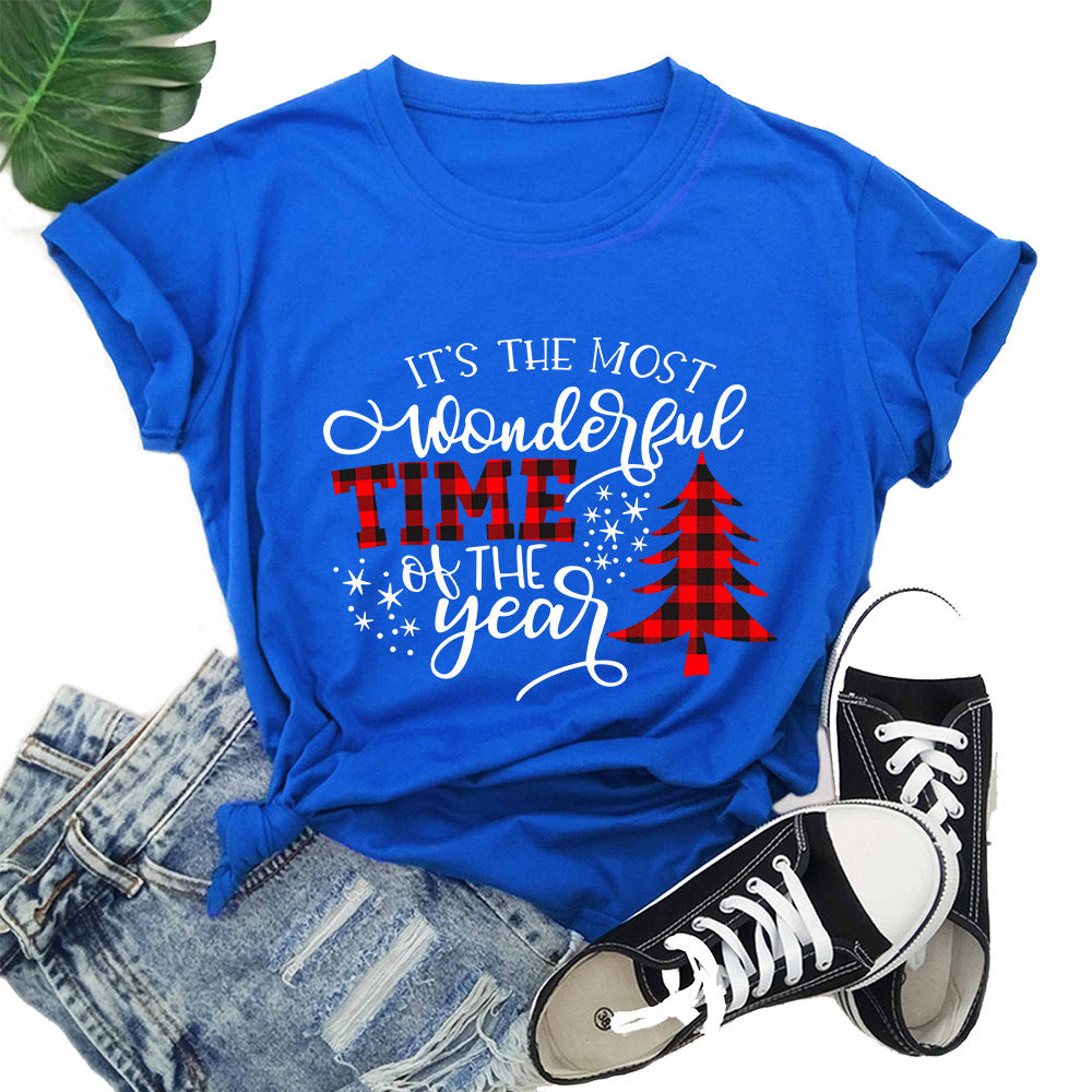 Christmas Print Round Neck Short Sleeve Women's T-shirt