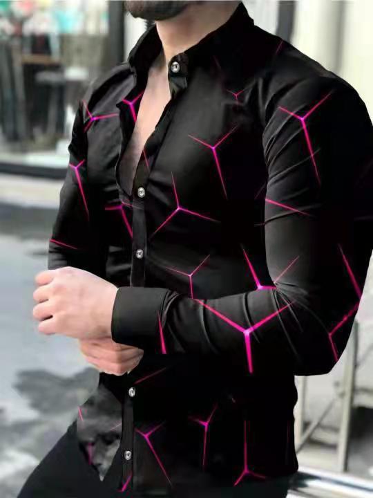 New Street Fashion European And American Youth Long Sleeve Shirt 3D Printed Casual Slim Fit Men Irregular Pattern Print