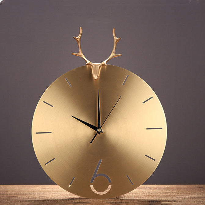 European Style Clock Pure Copper Round Deer Head Creative Wall Clock