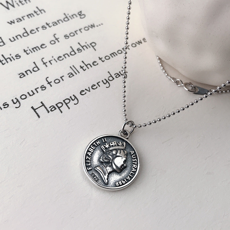 S925 Sterling Silver Jewelry Retro Round Coin Pendant Necklace