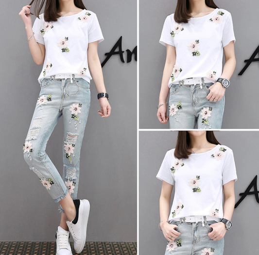 2021 Summer Korean Version Of The New Embroidery Print Short-sleeved T-shirt  Jeans Fashion Two-piece Temperament Suit Female Slim