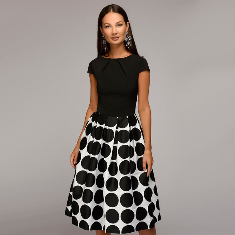 Summer Autumn New Style Big Polka Dot Patchwork Dinner Dress