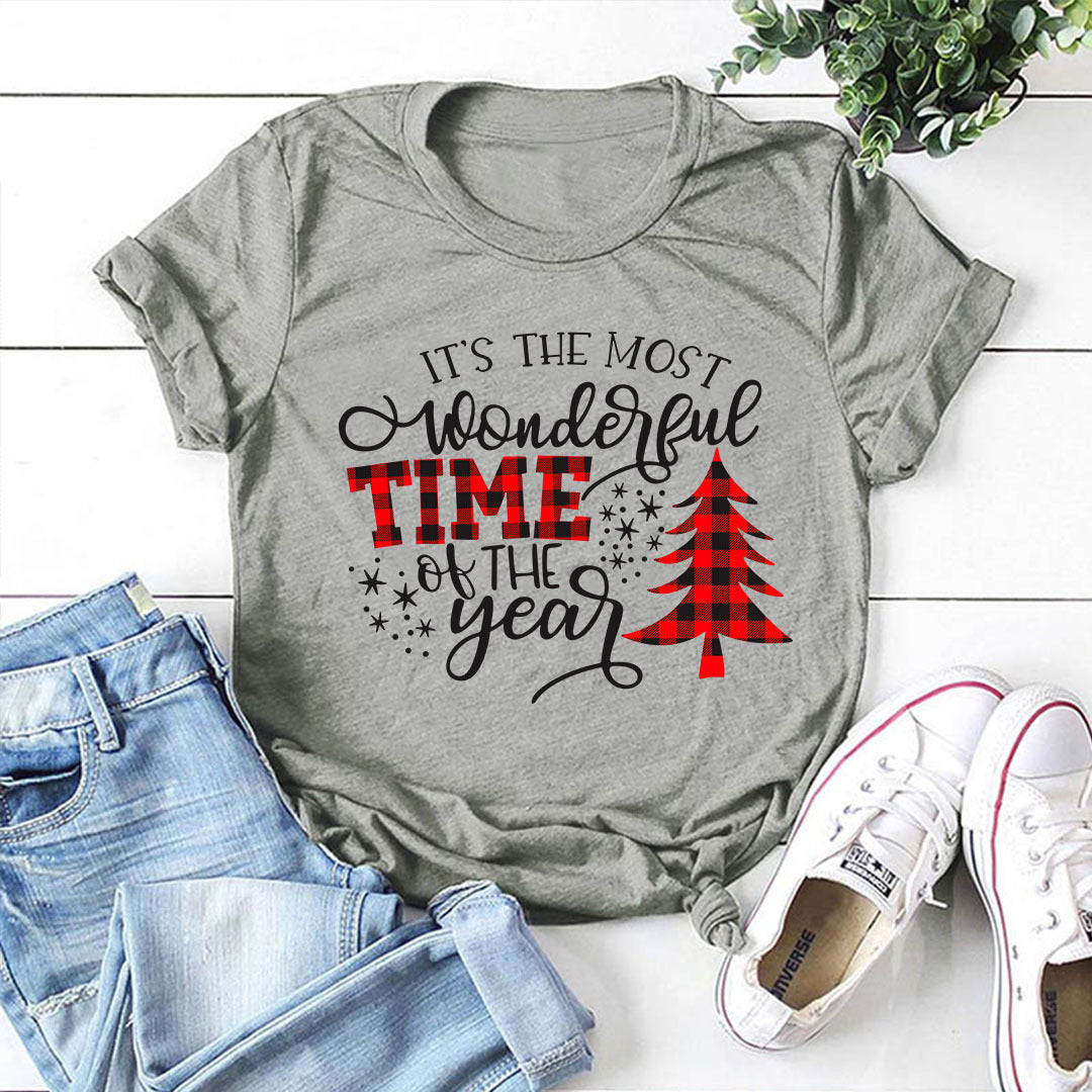 Christmas Print Round Neck Short Sleeve Women's T-shirt