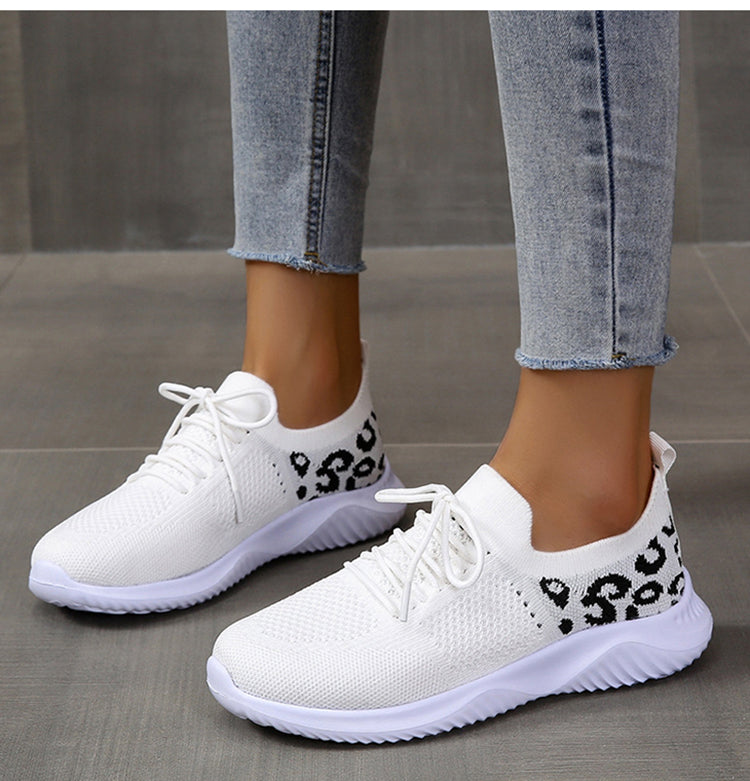 White Shoes Women Leopard Print Lace-up Sneakers Sports