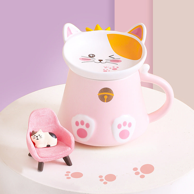 Cartoon Cat Ceramic Mug With Lid Spoon Cup