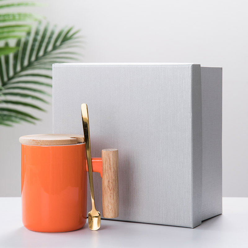 Simple Straight Ceramic Mug With Wooden Handle