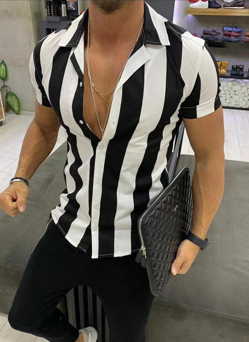 Summer Hot Sale Men's Shirts Men's Short Sleeve Mercerized Cotton Striped Colorblock Slim Shirts Men's Short Sleeve Shirts