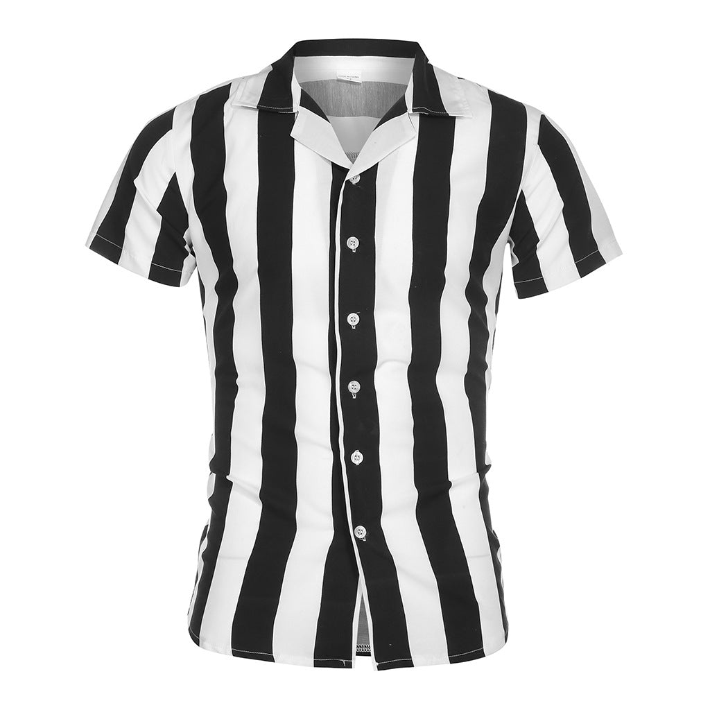 Summer Hot Sale Men's Shirts Men's Short Sleeve Mercerized Cotton Striped Colorblock Slim Shirts Men's Short Sleeve Shirts