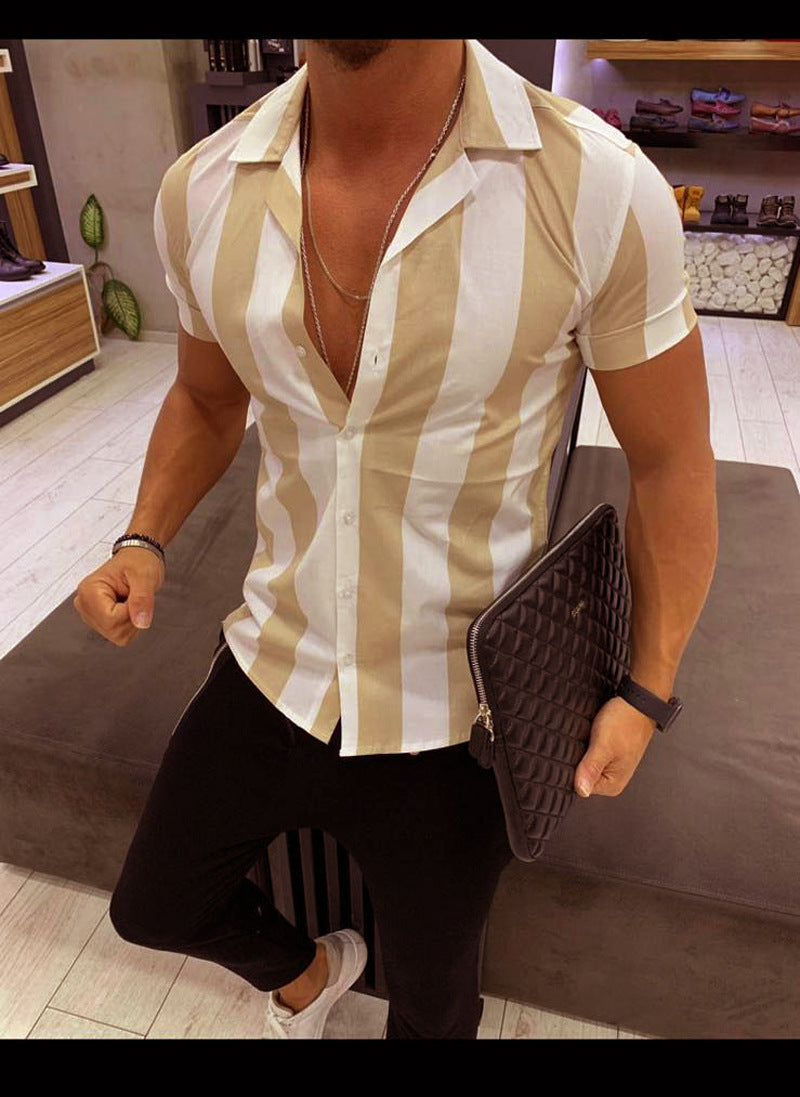 Summer Hot Sale Men's Shirts Men's Short Sleeve Mercerized Cotton Striped Colorblock Slim Shirts Men's Short Sleeve Shirts