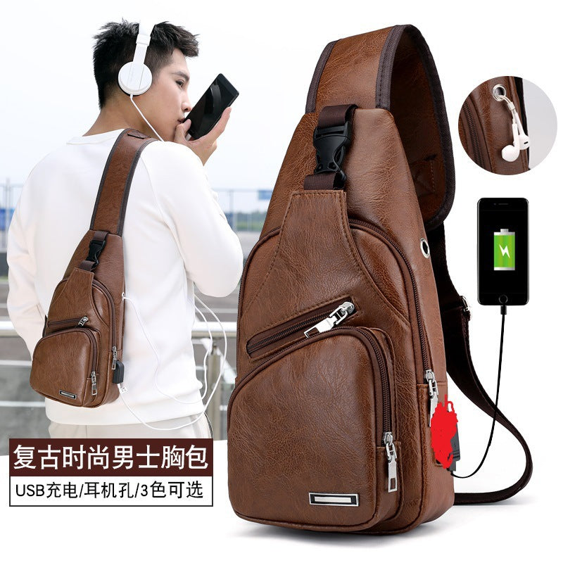 Cross-border New Casual Men's Shoulder Bag Outdoor Sports Usb Charging Chest Bag Men's Pu Business Messenger Bag