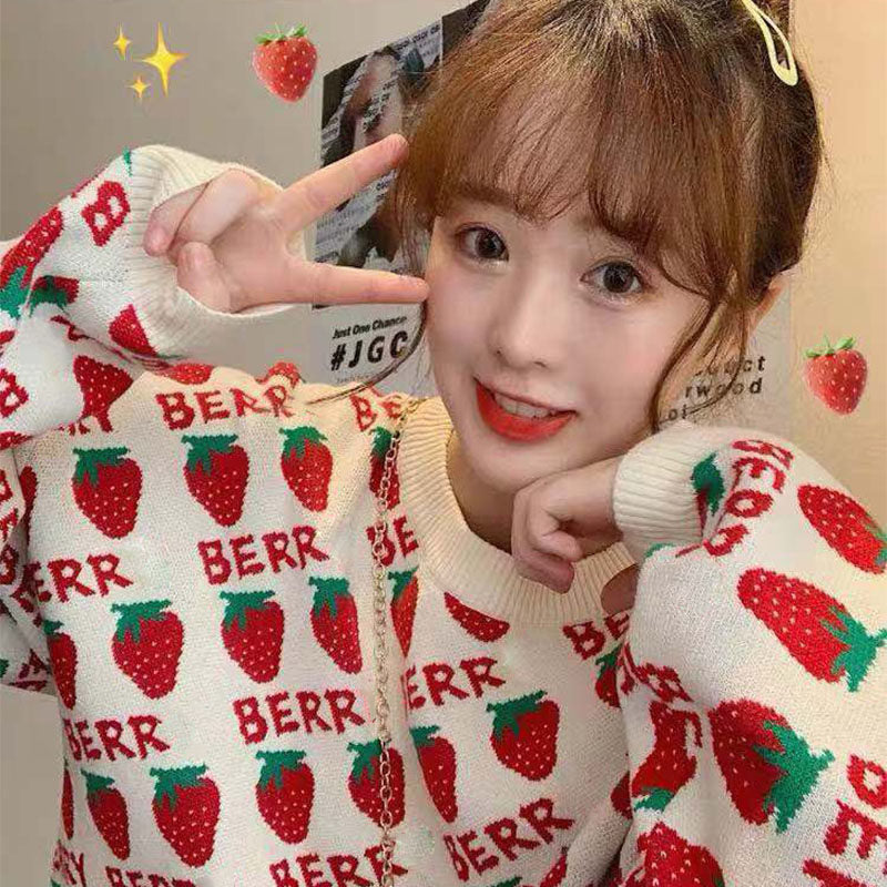 Sweet Strawberry Winter Women's Ins Harajuku Letter Long Sleeve tops Knit Sweater New Fashion Loose ins Casual Women Sweater