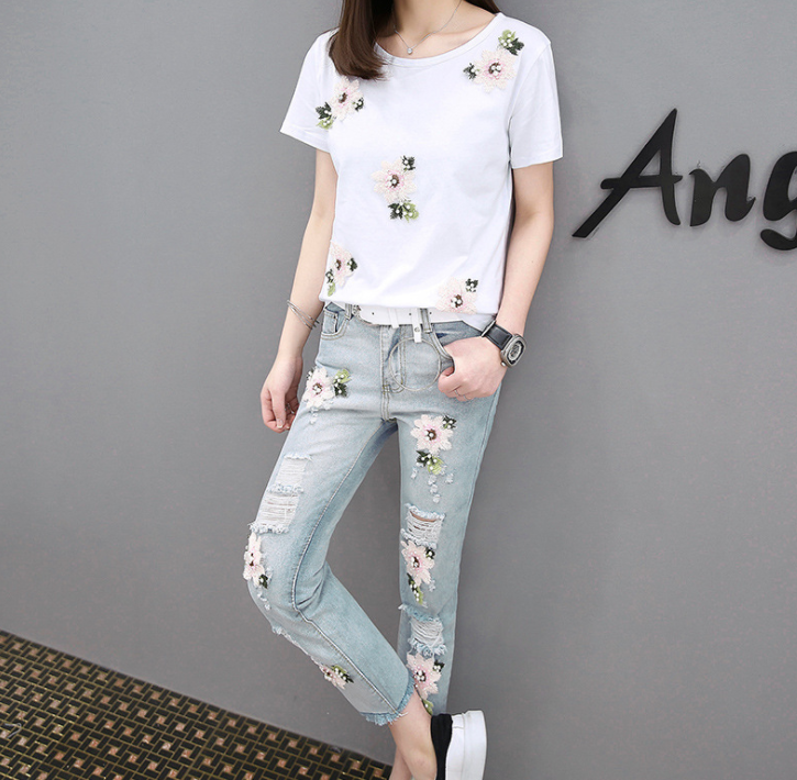 2021 Summer Korean Version Of The New Embroidery Print Short-sleeved T-shirt  Jeans Fashion Two-piece Temperament Suit Female Slim