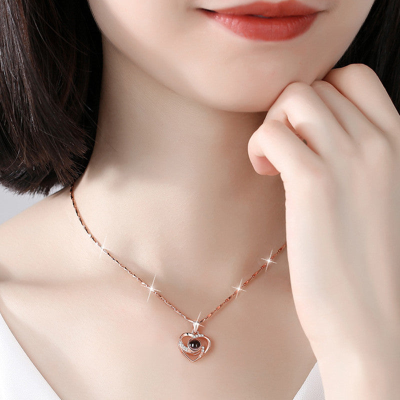 S925 Silver Projection Necklace Heart Shape 100 Languages I Love You Necklace For Girlfriend Chinese Valentine's Day Gift