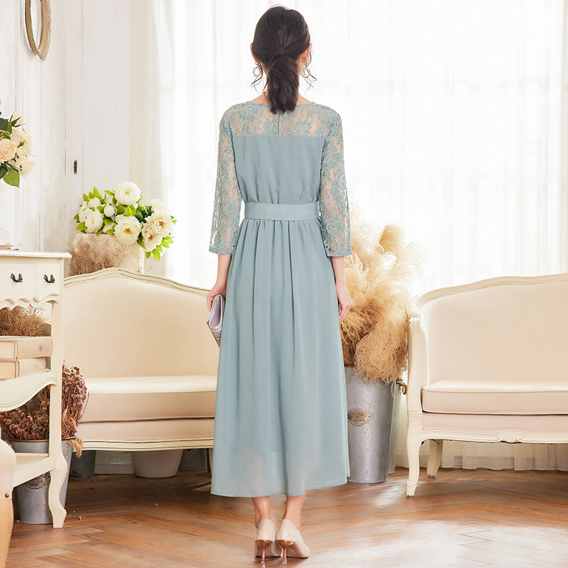 Lace Patchwork Mid-sleeve Crewneck Chiffon Long Dress