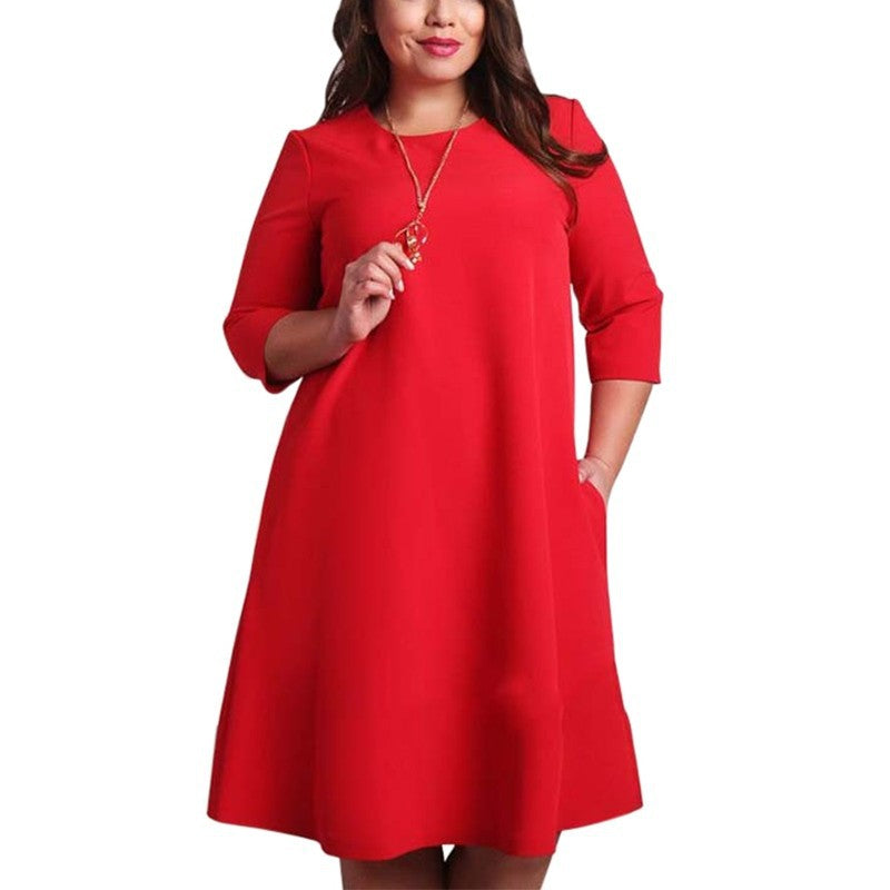 Solid Color Round Neck Sleeves Plus Size Dress