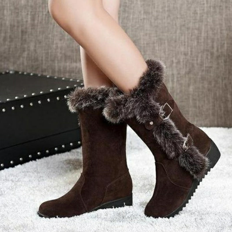 Brown New Winter Women Casual Warm Fur Mid-Calf Boots Shoes Women Slip-On Round Toe Flats Snow Boots Shoes