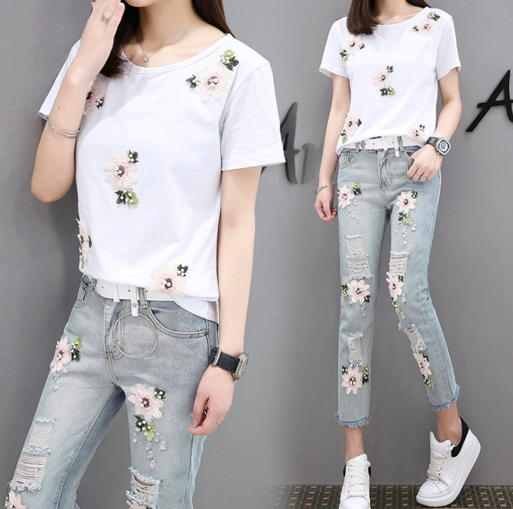 2021 Summer Korean Version Of The New Embroidery Print Short-sleeved T-shirt  Jeans Fashion Two-piece Temperament Suit Female Slim