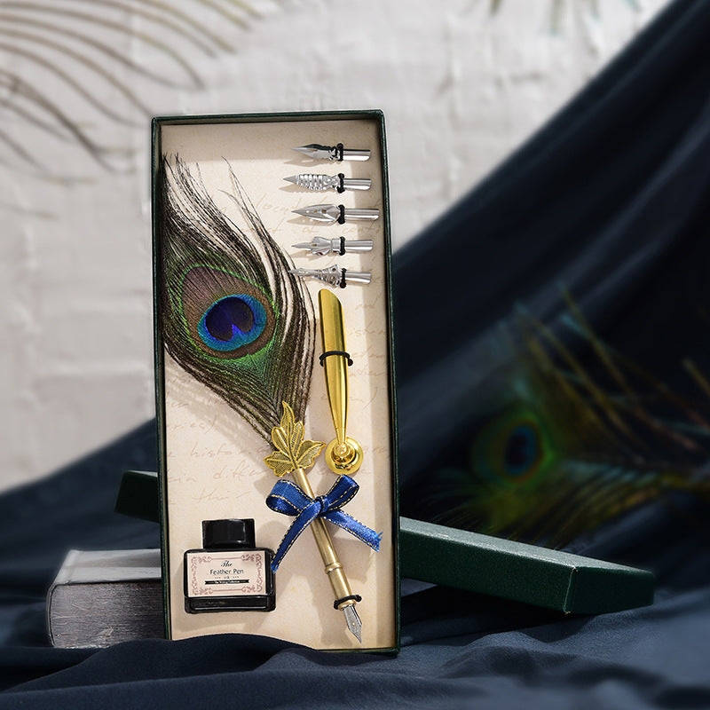 Retro peacock feather pen set