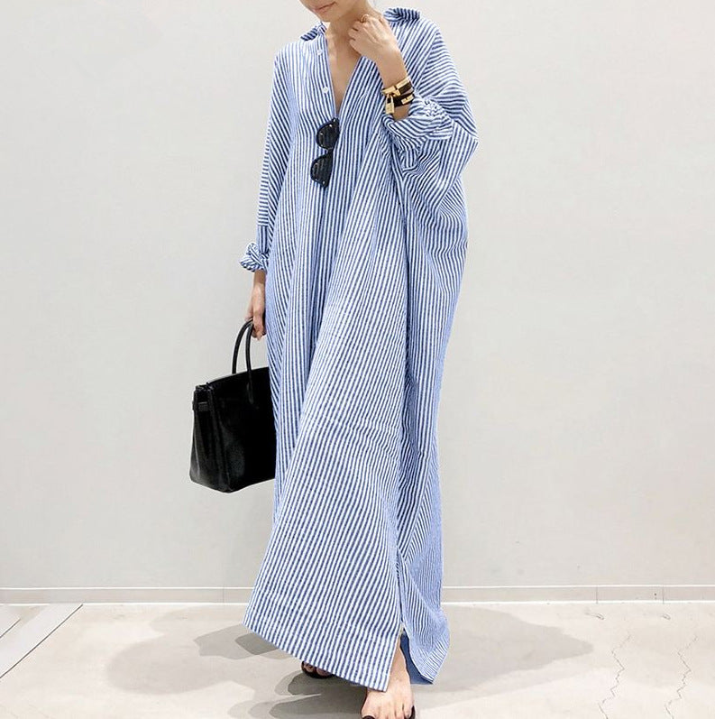 New Cotton And Linen Striped Cardigan Loose Large Temperament Commuter Irregular Dress