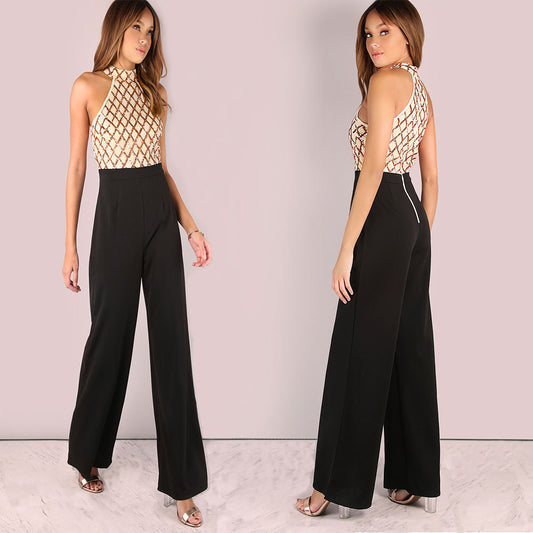 European and American women's sexy jumpsuit hanging neck sequins stitching trumpet jumpsuit trousers