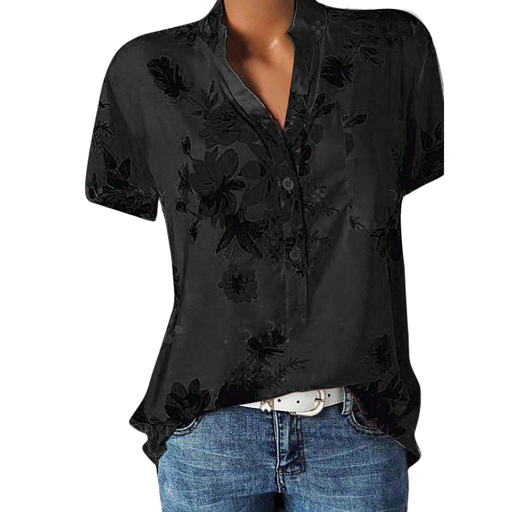 Fashion Flower Printed Tops V-neck Short Sleeve Shirt