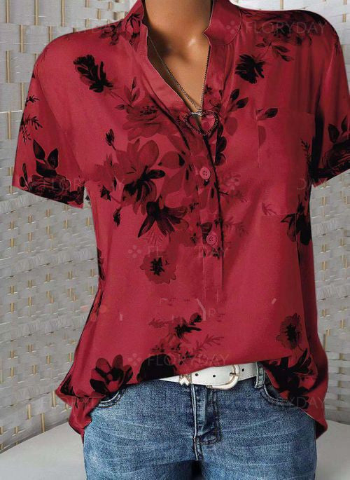 Fashion Flower Printed Tops V-neck Short Sleeve Shirt