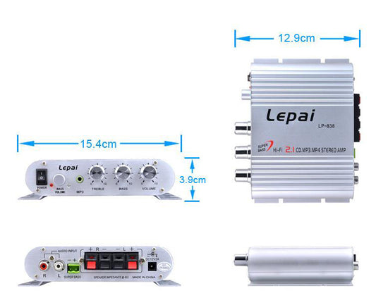 Le Pai LP-838 car home 12V computer amplifier 2.1 channel with subwoofer adjustment small amplifier