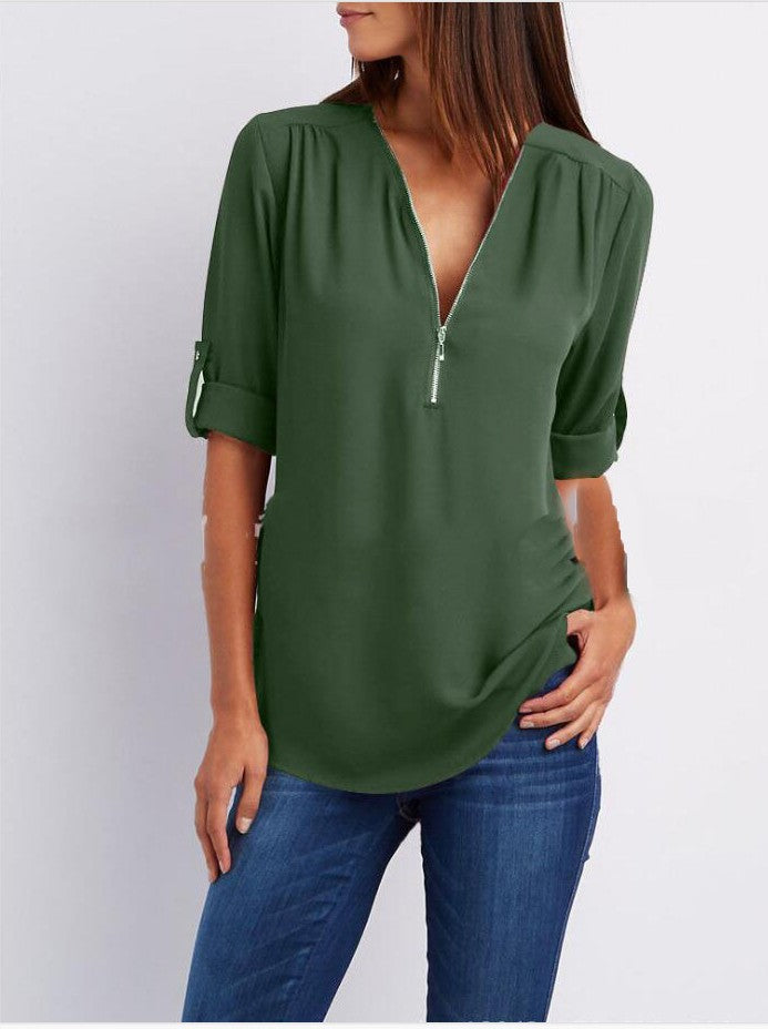 Large Size Long Sleeve Loose V-neck Shirt