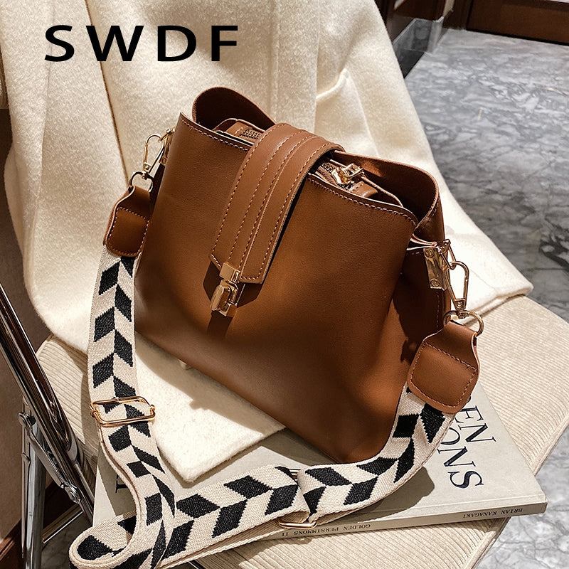 SWDF Vintage Simple Small PU Leather Bucket Crossbody Bags For Women 2022 Designer Fashion Lady Luxury Black Shoulder Handbags