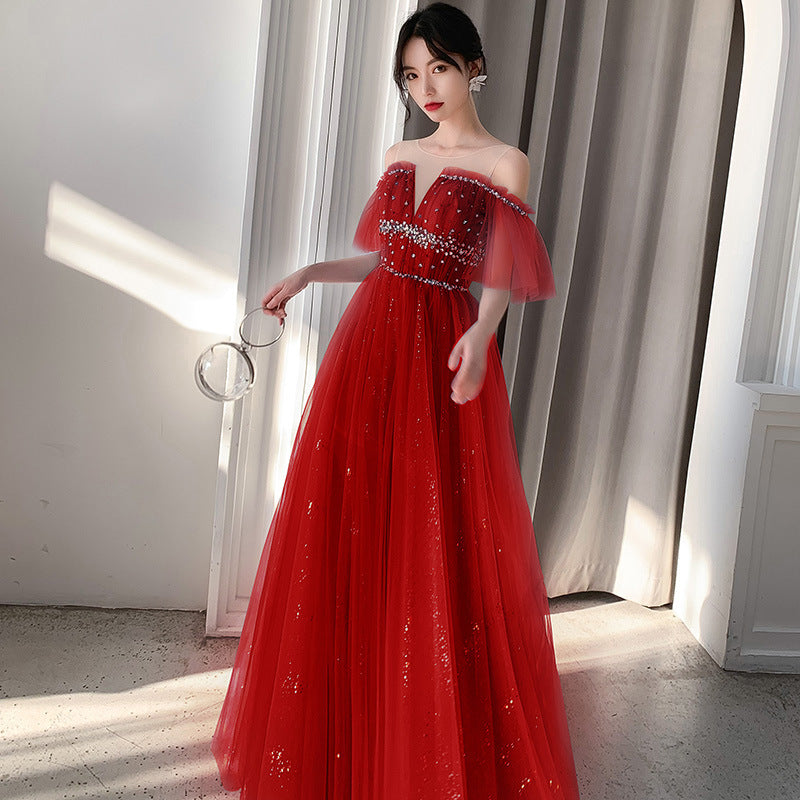 One-Shoulder Noble Temperament Starry Sky Birthday Bride Toast Dress Long