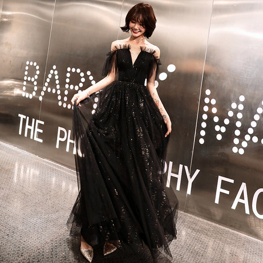 Women's Black Long Banquet Evening Dress