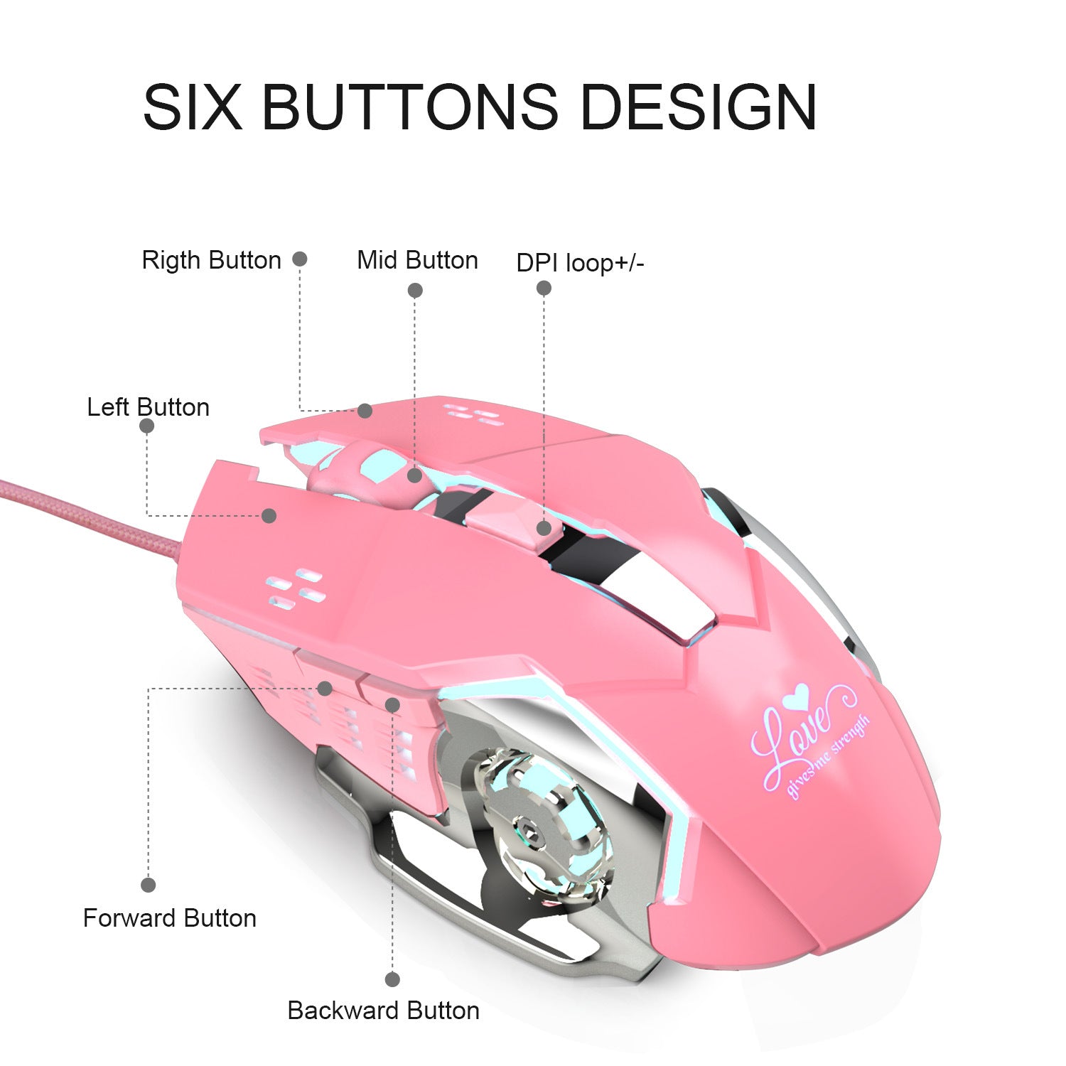 New X500 Pink Gaming Mouse 3200dpi White Light Design