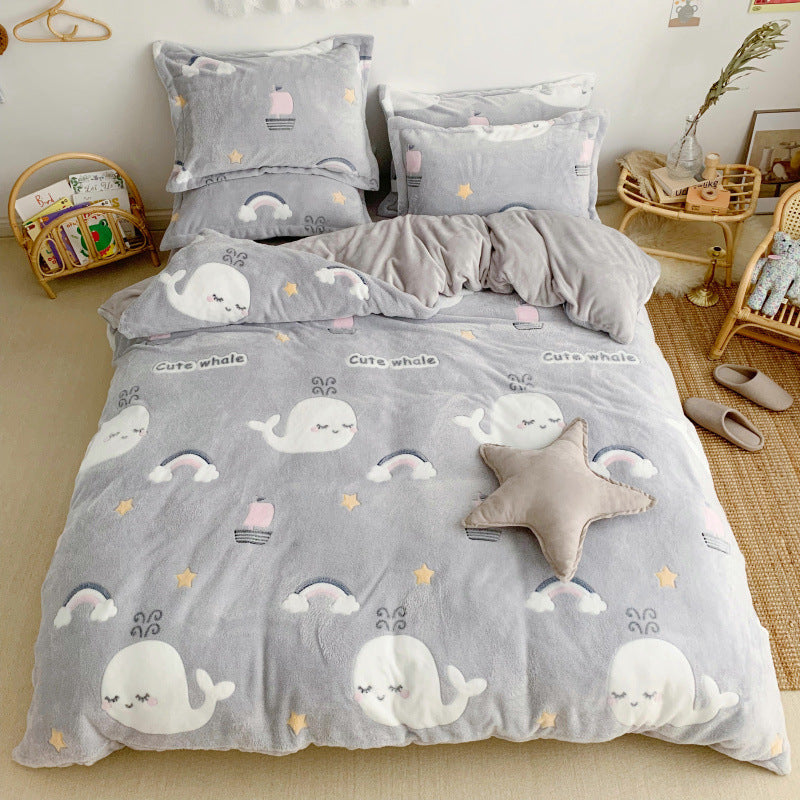 Thick and Warm Snow Fleece Four-Piece Cartoon Fleece Bedding