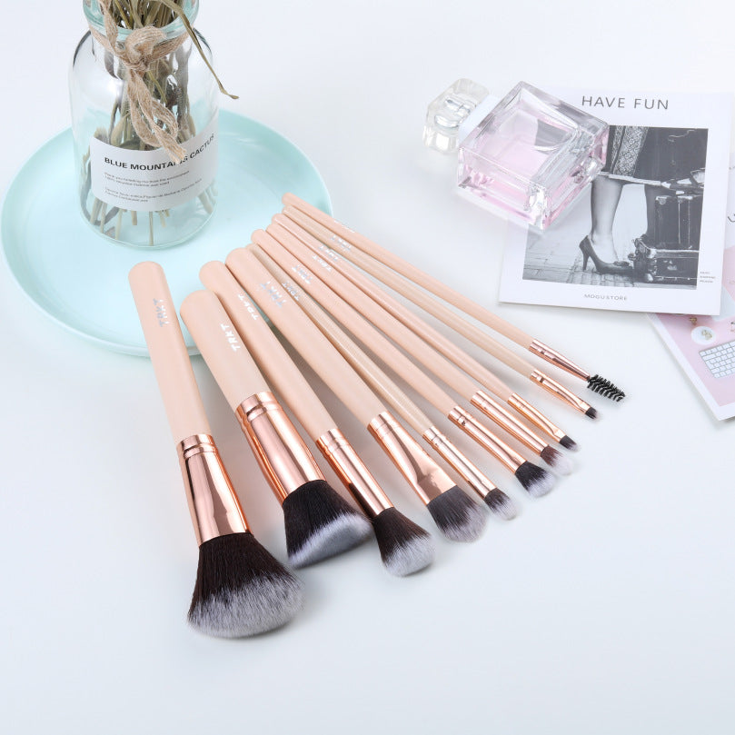 Pink Wooden Handle Makeup Brush Set