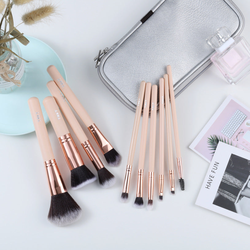 Pink Wooden Handle Makeup Brush Set