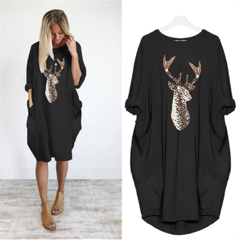 Christmas Pattern Printed Round Neck Autumn And Winter New Style Dress