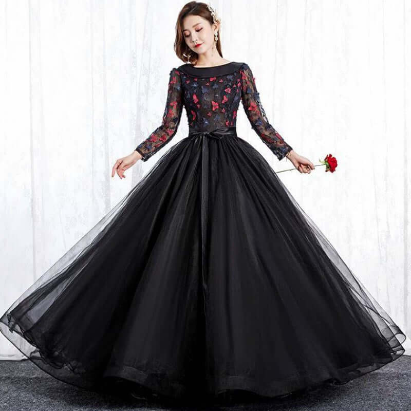 Black Park Collar Evening Dress Solo Host Performance, Pettiskirt Long Female