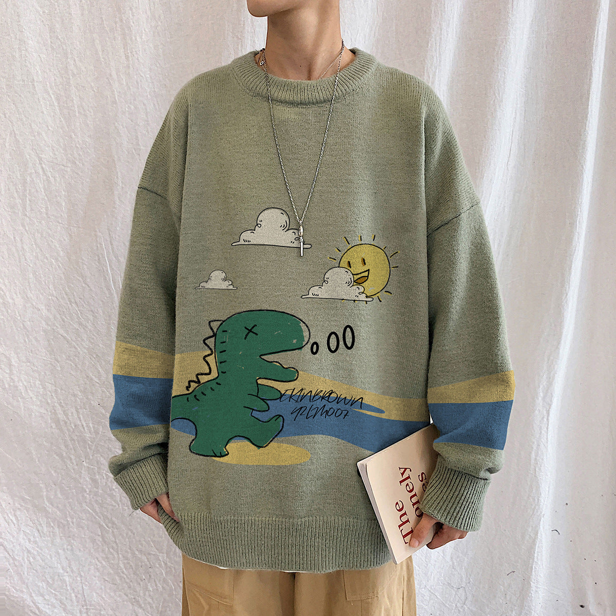 Dinosaur Print Crew Neck Sweater Men's Loose Large Size Lazy Style