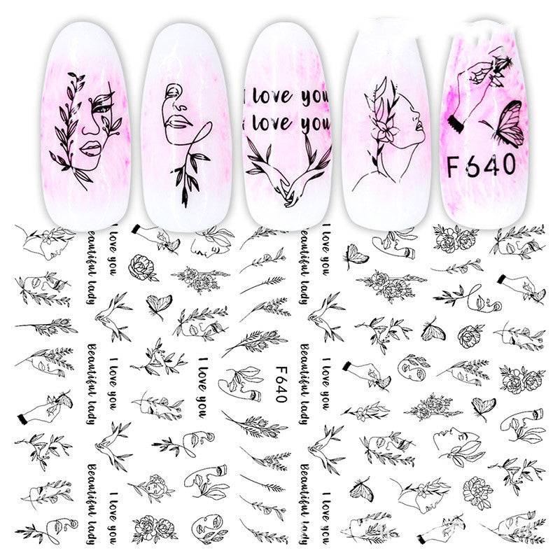 Cross-Border Nail Stickers New Japanese European And American 3D Hot Stamping Full Stickers Black And White Rose Heart-Shaped Ink Nail Decals