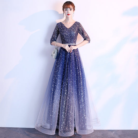 Starry Sky Evening Dress Female 2021 Summer New Temperament Long Model Host Banquet Anniversary Chorus Performance Dress