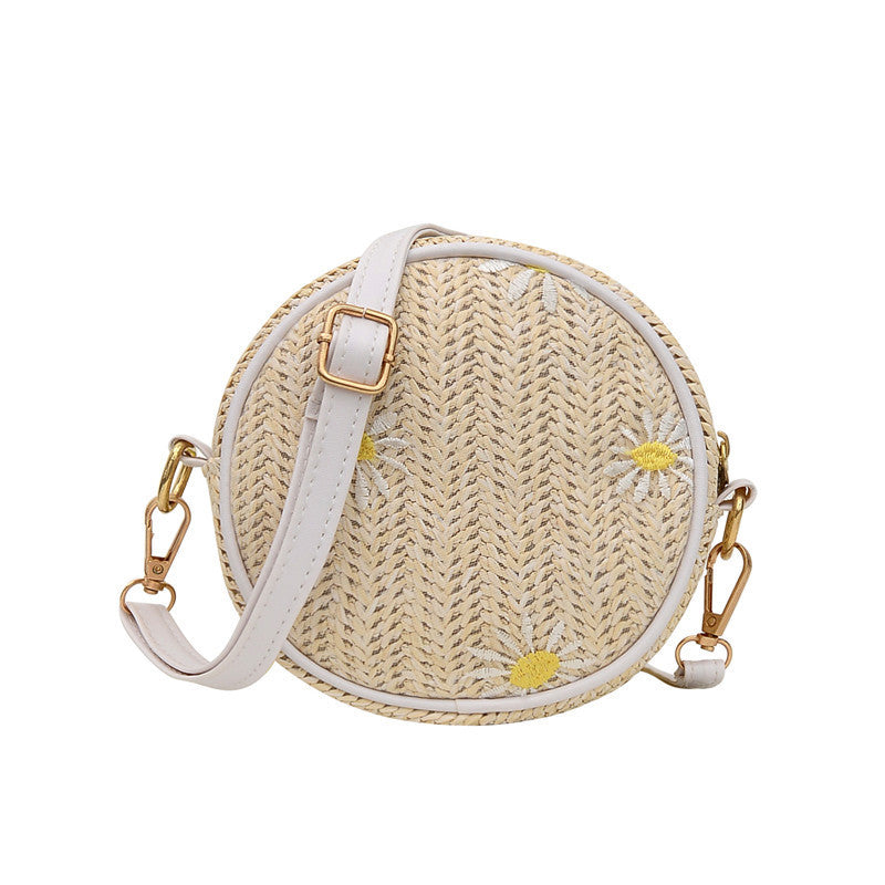 Straw Woven Bag for Women Red Sand Beach Small Round Bag Embroidered Single Shoulder Cross Over knitting