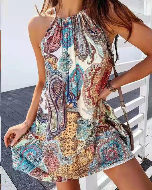 Back Short Skirt Printed Sleeveless Dress