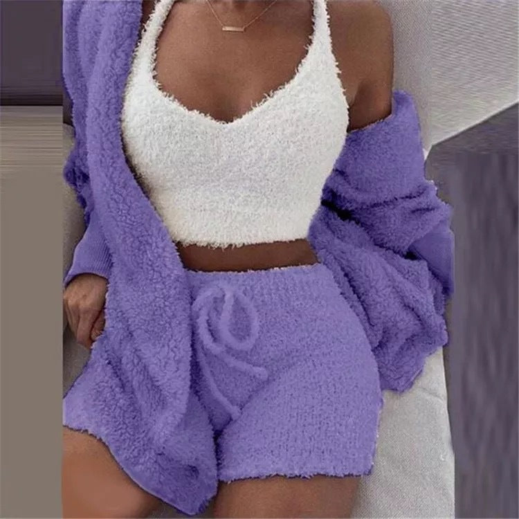 Winter Sexy Women Home Wear Suit Casual Pajamas Set Lady Female Soft Warm Long Sleeve Exposed Navel Vest Shorts Set