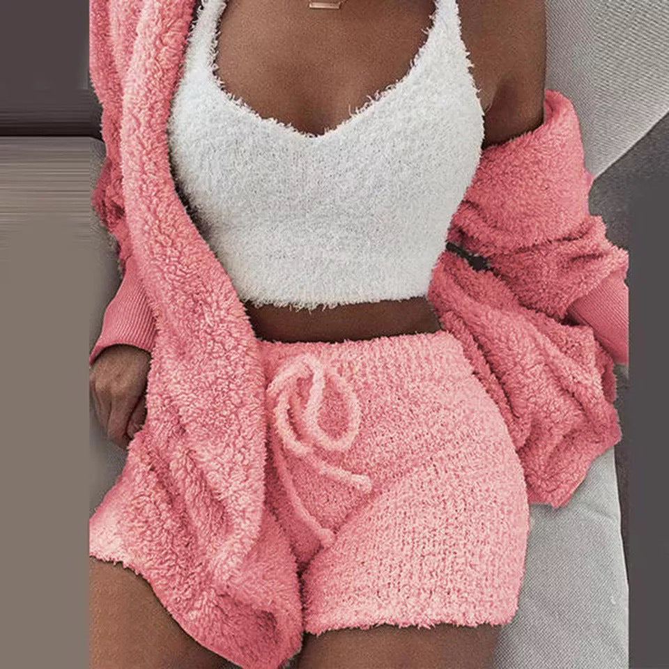 Winter Sexy Women Home Wear Suit Casual Pajamas Set Lady Female Soft Warm Long Sleeve Exposed Navel Vest Shorts Set