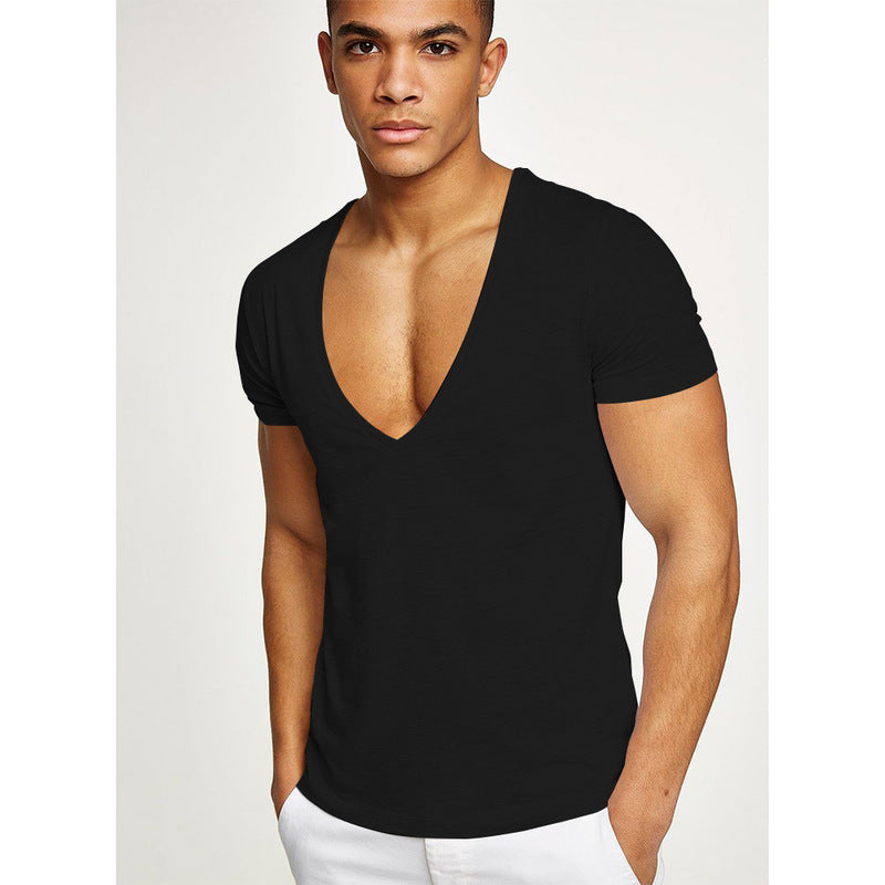 Shirts Men Deep V Neck Short Sleeve Tshirts Summer Streetwear Casual Solid Slim Polyester Tees Gym Fitness Boxing T Shirt Tops