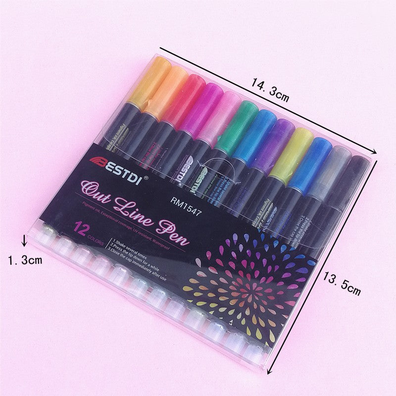 Contour Pen 12 Color Double Line Pen Flashing Highlighter Marker Pen