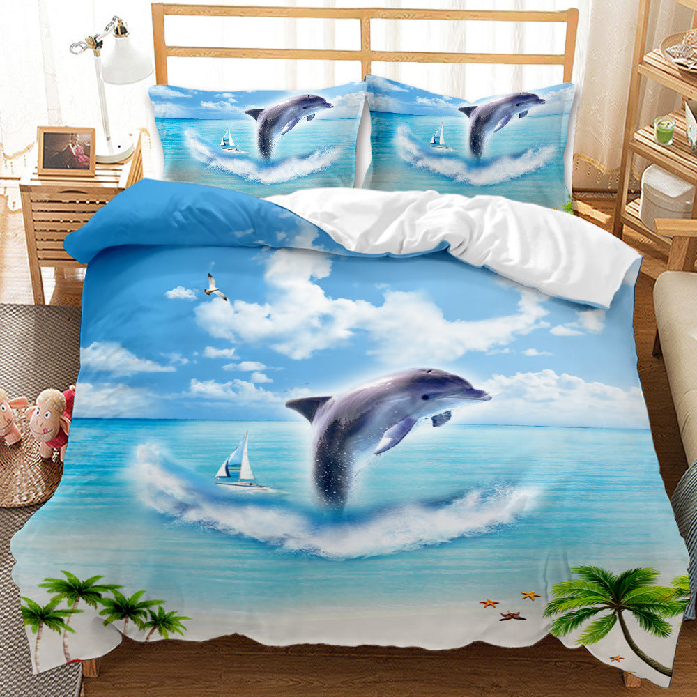 Underwater World Whale Shark Cross-Border Foreign Trade Quilt Cover Three-Piece Set Four-Piece 3D Digital Printing Brushed BeddingSet