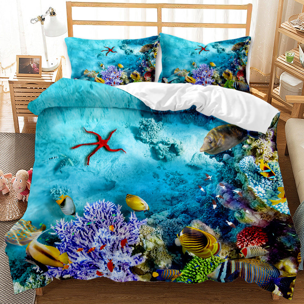 Underwater World Whale Shark Cross-Border Foreign Trade Quilt Cover Three-Piece Set Four-Piece 3D Digital Printing Brushed BeddingSet