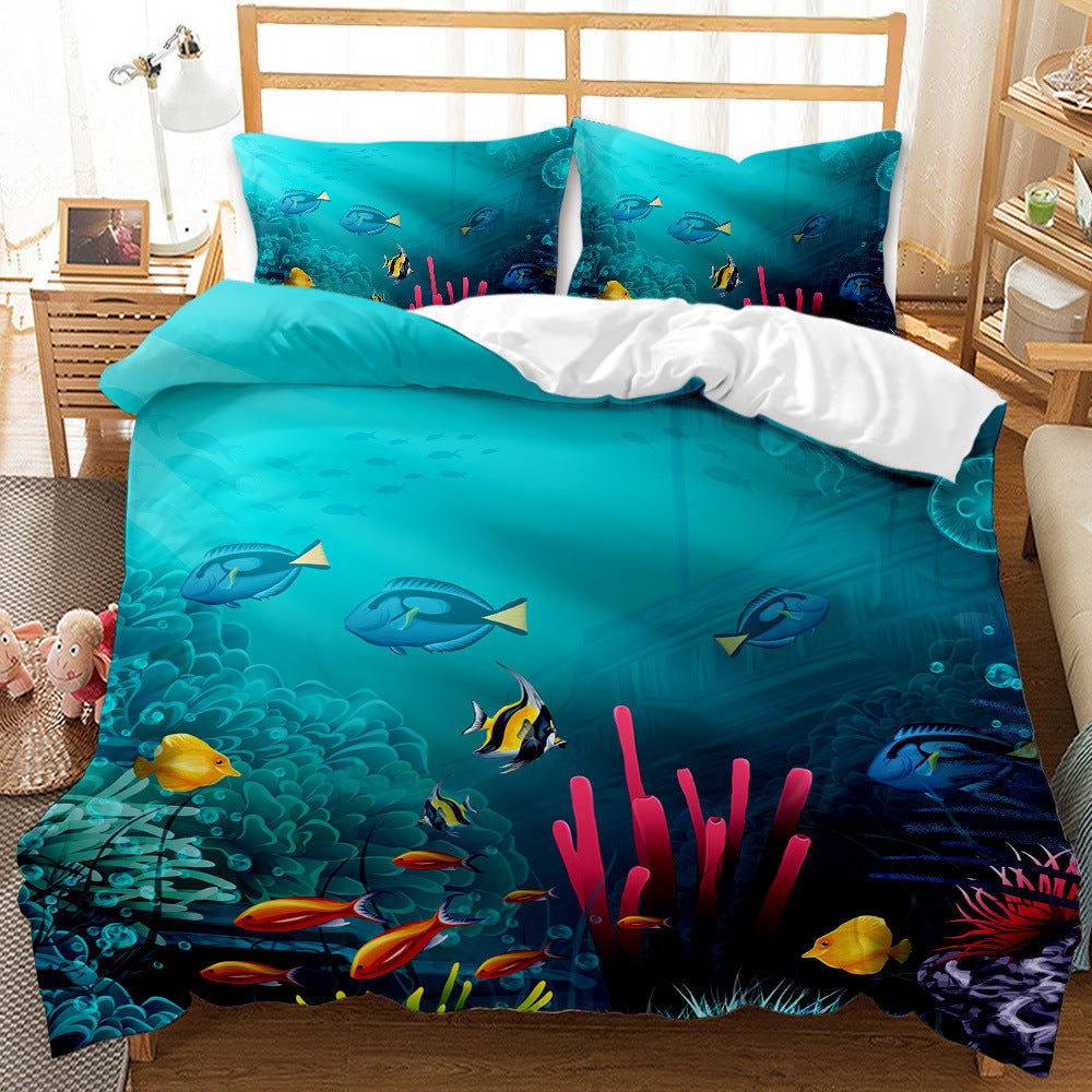 Underwater World Whale Shark Cross-Border Foreign Trade Quilt Cover Three-Piece Set Four-Piece 3D Digital Printing Brushed BeddingSet