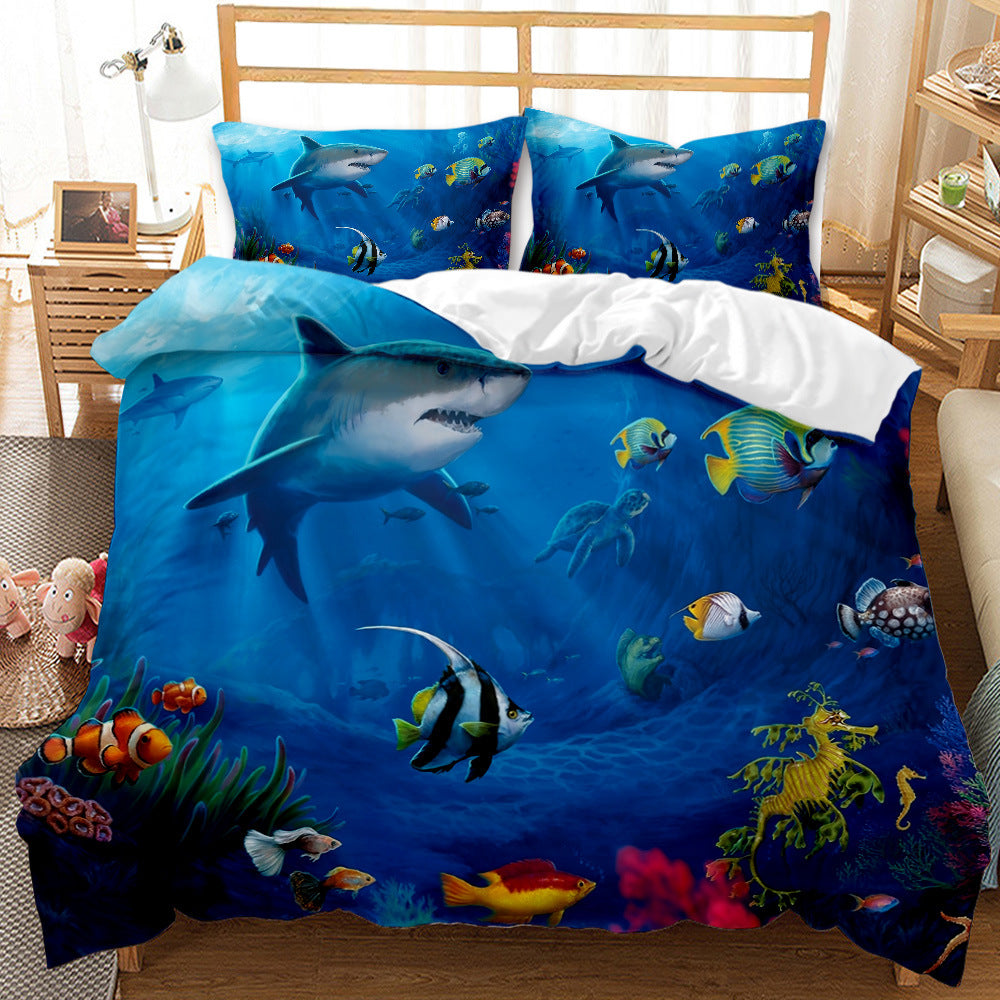 Underwater World Whale Shark Cross-Border Foreign Trade Quilt Cover Three-Piece Set Four-Piece 3D Digital Printing Brushed BeddingSet